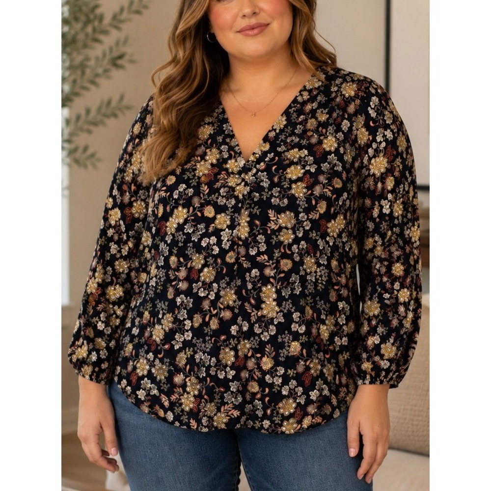 Vince Camuto Women Blouse Navy Plus XXL Floral Long Sleeve Top Office Work